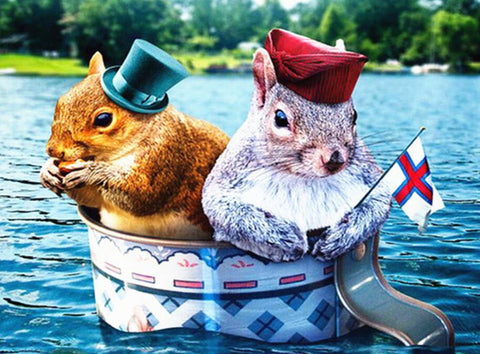 Image of Diamond painting of two squirrels wearing hats, sailing in a tin boat with a British flag.