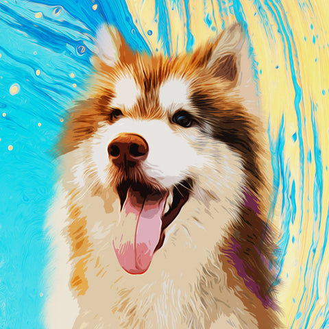 Image of Diamond painting of a playful Siberian Husky puppy with bright blue eyes, sticking out its tongue.