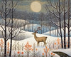 Diamond painting of a majestic buck standing in a snowy forest, with a full moon and falling snow.