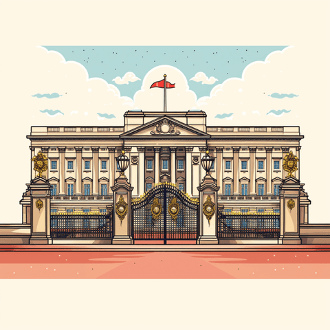 Image of Diamond painting of Buckingham Palace, the official residence of the British monarch, with a red flag flying above the gates.