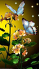 Two blue butterflies with sparkling wings perched on delicate orange flowers against a golden background with stars.