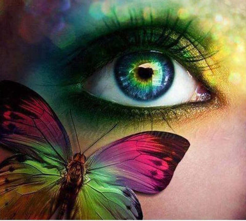 Image of Diamond painting of a colorful butterfly emerging from a vibrant human eye.