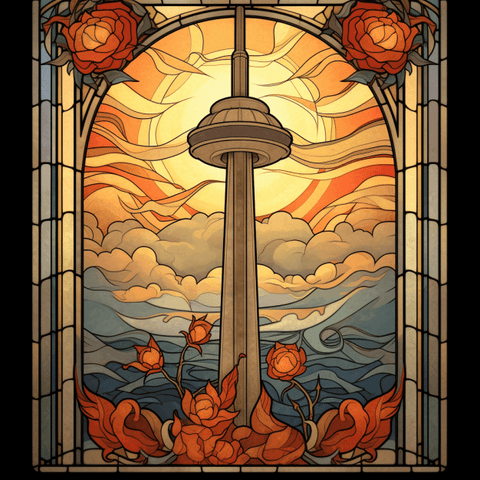 Image of Diamond painting of the CN Tower in a stained glass style, with a sunset and roses