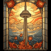 Diamond painting of the CN Tower in a stained glass style, with a sunset and roses