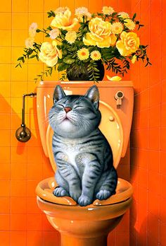 Image of Cute tabby cat sitting on a toilet seat in a bathroom with yellow walls and a vase of flowers.