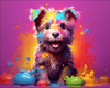 Diamond painting of a cheerful companion puppy covered in colorful paint