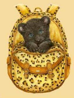 Image of Diamond painting of a cheetah cub peeking out of a yellow backpack