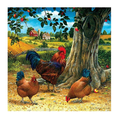 Image of Diamond painting of a rooster and two hens in a farmyard setting, with a red barn and apple tree in the background.