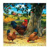 Diamond painting of a rooster and two hens in a farmyard setting, with a red barn and apple tree in the background.