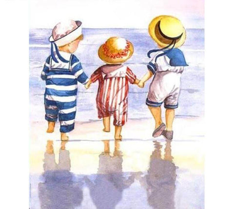 Image of Diamond painting of three children holding hands on a beach