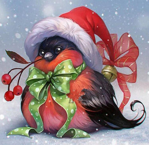 Image of Diamond painting of a cute Christmas bird wearing a Santa hat and a green bow.