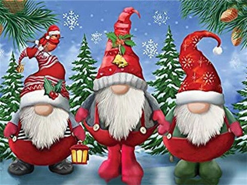 Image of Diamond painting of three Christmas gnomes in winter