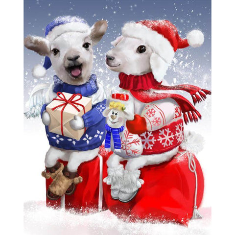 Image of Diamond painting of two goats dressed in Christmas outfits