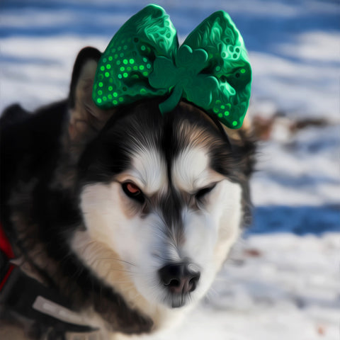 Image of Diamond painting of a husky dog wearing a green bow for Christmas