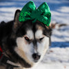 Diamond painting of a husky dog wearing a green bow for Christmas