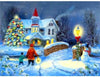 Diamond painting of a winter wonderland scene with snow-covered trees and a Christmas house