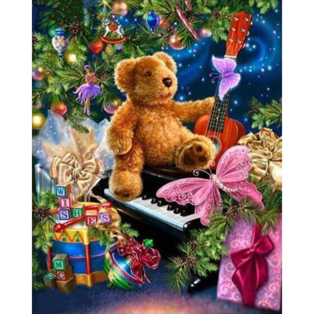 Diamond painting of a teddy bear playing a guitar under a Christmas tree