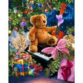 Diamond painting of a teddy bear playing a guitar under a Christmas tree