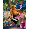 Diamond painting of a teddy bear playing a guitar under a Christmas tree