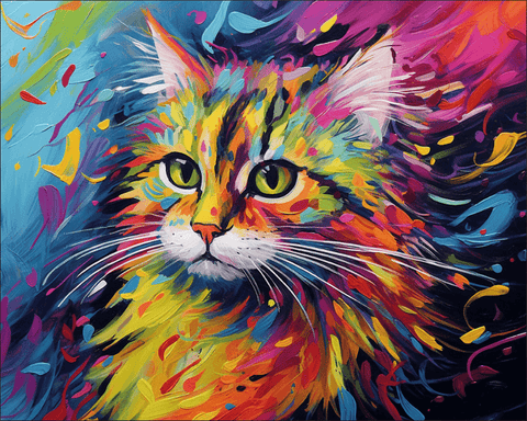 Image of Diamond painting of a charismatic cat with vibrant, colorful fur