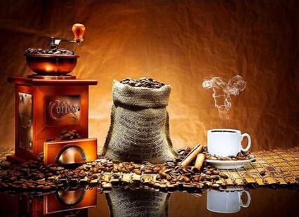 Image of Diamond painting of a coffee grinder, coffee beans, and a cup of coffee