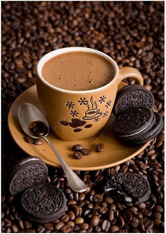 Image of Diamond painting of a cup of coffee with Oreo cookies and coffee beans