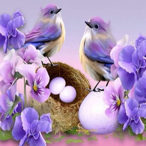 Image of Colorful Birds in Nest with Eggs and Flowers Diamond Painting