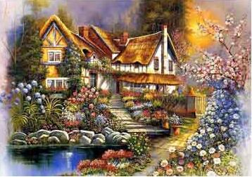 Diamond Painting of Colorful Cottage with Garden and Pond