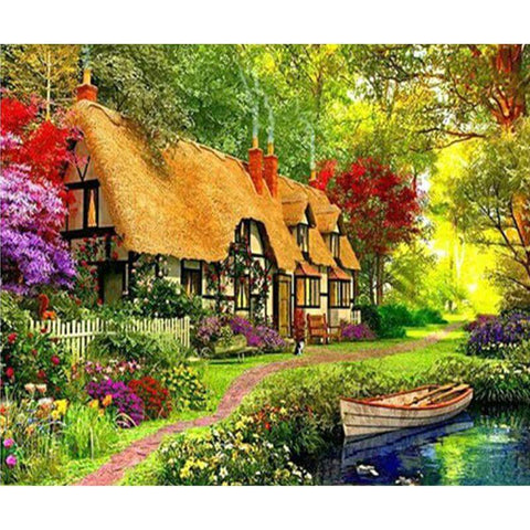 Image of Colorful Country House with Boat and Garden Diamond Painting