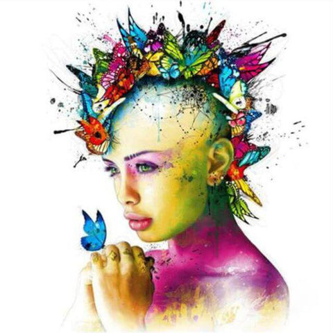 Image of Colorful Woman with Butterfly Hair Diamond Painting