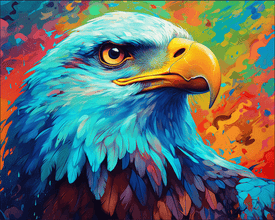 Diamond painting of a majestic eagle with vibrant, iridescent feathers, set against a colorful background.