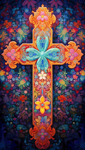 Diamond painting of a colorful, ornate cross with floral details