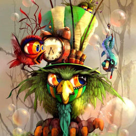 Diamond painting of a colorful owl wearing a hat with a clock and other objects