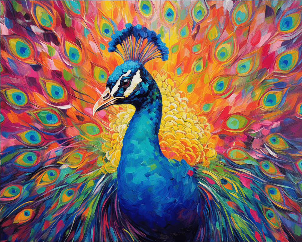 Diamond painting of a peacock with vibrant, colorful feathers