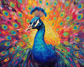 Diamond painting of a peacock with vibrant, colorful feathers