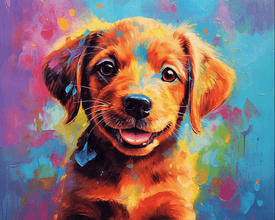 Diamond painting of a colorful puppy with a happy expression