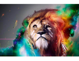 Diamond painting of a lion with colorful smoke surrounding its head