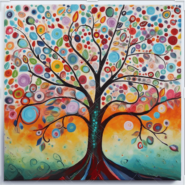 Diamond painting of a colorful, whimsical tree with circular leaves and a vibrant background