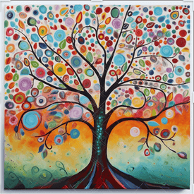 Diamond painting of a colorful, whimsical tree with circular leaves and a vibrant background