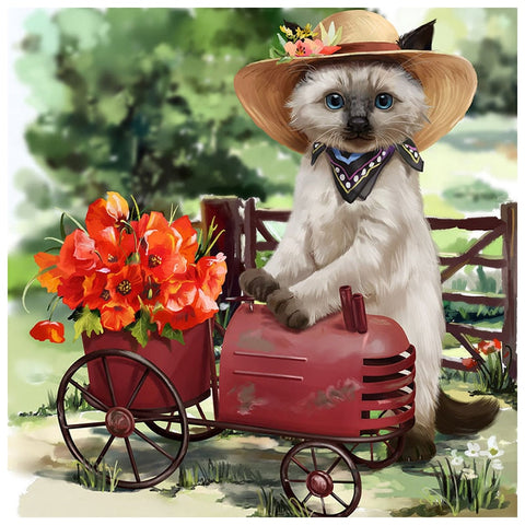 Image of Diamond Painting of Cat in Straw Hat Driving Red Tractor