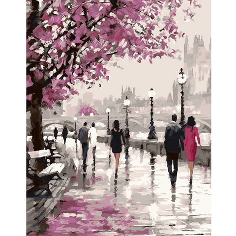 Image of Couple Walking in Rainy London Street with Cherry Blossom Tree