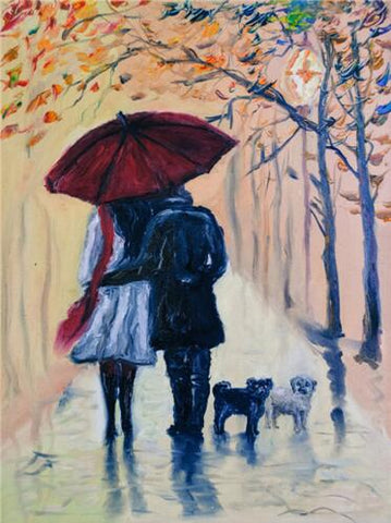 Image of Diamond Painting of Couple Walking in Autumn with Red Umbrella