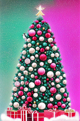Diamond painting of a beautifully decorated Christmas tree with ornaments and gifts