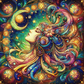 Diamond art depicting a breathtaking scene of colorful flowers blooming under a bright moon.