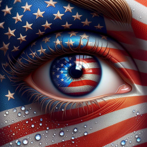 Image of Diamond art depicting a close-up of an eye with the American flag design iris.