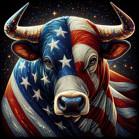 Image of Diamond art depicting a patriotic bull colored with the American flag design.