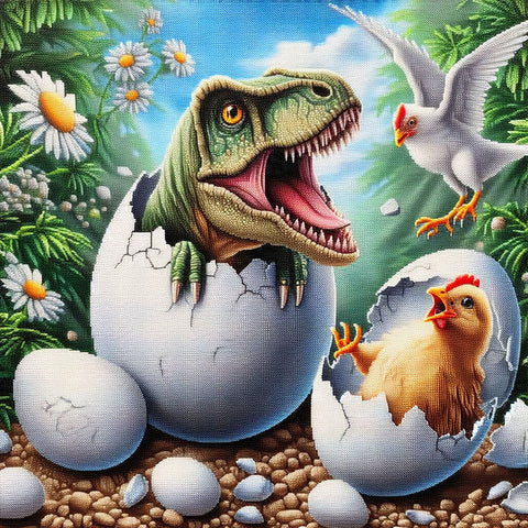 Image of Diamond painting depicting a baby dinosaur hatching from its egg next to a curious chick.