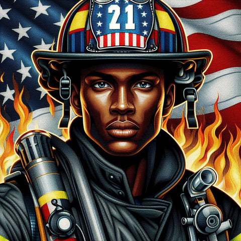Image of Diamond art depicting a brave American firefighter in uniform, with the USA flag waving in the background.