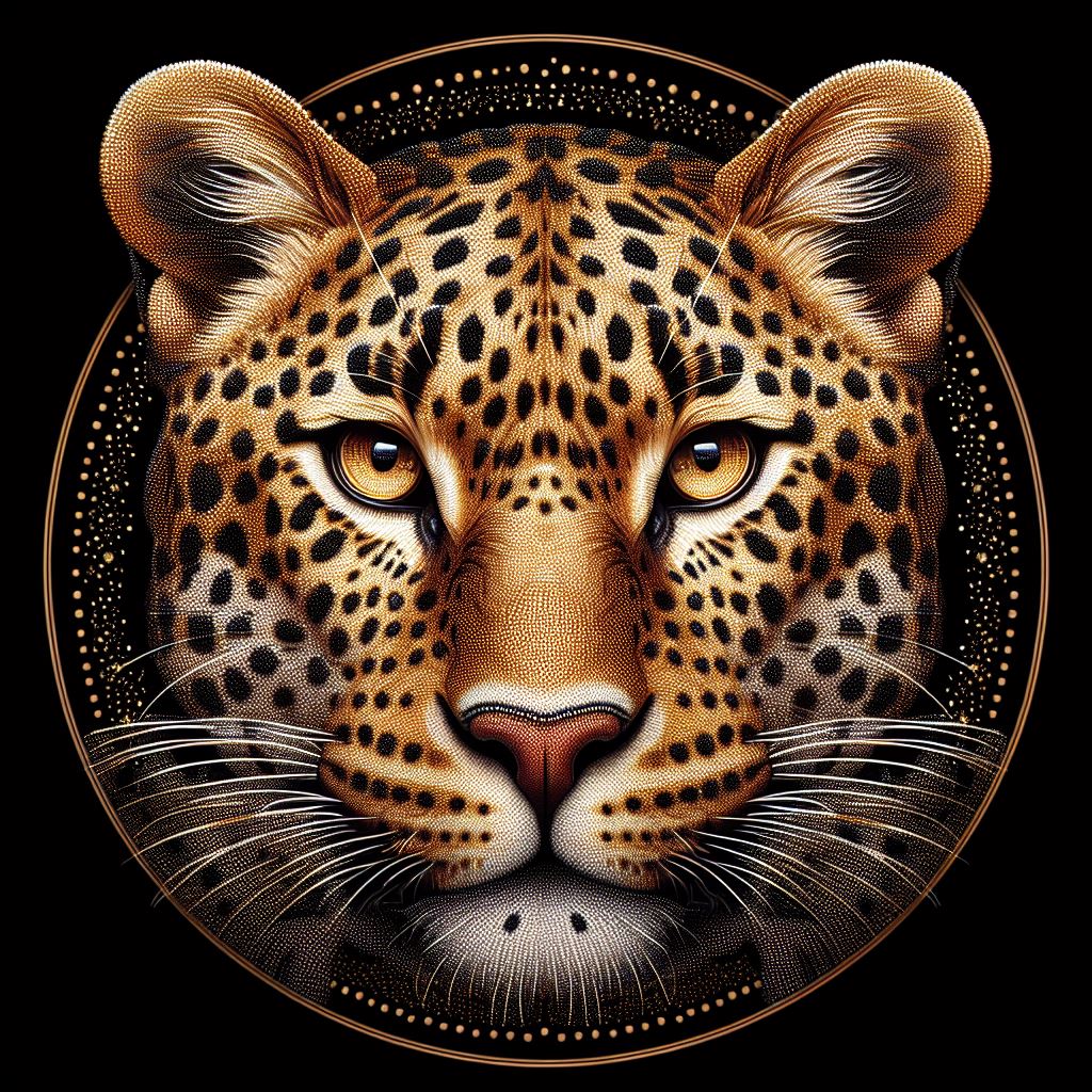 Diamond painting of a leopard's face in a close-up view, showcasing its spots.