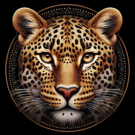 Diamond painting of a leopard's face in a close-up view, showcasing its spots.